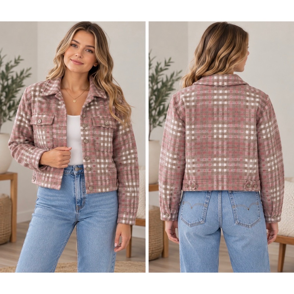 Joie Plaid Cropped Shirt Jacket Pink Brown Checkered Wool Blend Shacket Large